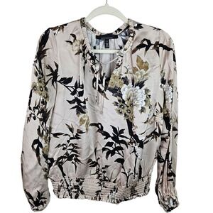 White House Black Market Floral‎ Tie Neck Long Sleeve Smocked Blouse Size S
